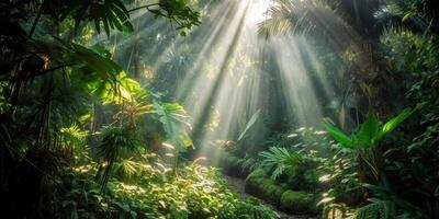 tropisch regen oerwoud diep Woud met beb straal licht schijnt. natuur buitenshuis avontuur uitstraling tafereel achtergrond visie foto