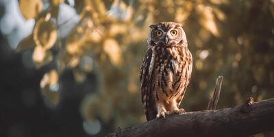 uil vogel zittend Aan een banch boom. wil leven natuur buitenshuis Woud achtergrond landschap tafereel foto