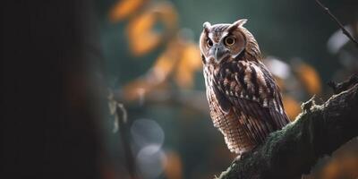 uil vogel zittend Aan een banch boom. wil leven natuur buitenshuis Woud achtergrond landschap tafereel foto