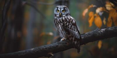 uil vogel zittend Aan een banch boom. wil leven natuur buitenshuis Woud achtergrond landschap tafereel foto