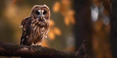 uil vogel zittend Aan een banch boom. wil leven natuur buitenshuis Woud achtergrond landschap tafereel foto