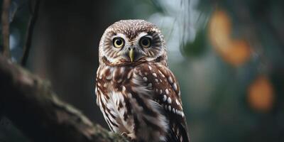 uil vogel zittend Aan een banch boom. wil leven natuur buitenshuis Woud achtergrond landschap tafereel foto