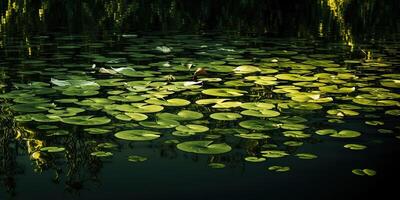 groen bladeren Aan vijver rivier- meer landscaoe achtergrond visie foto