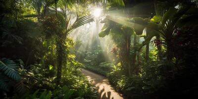tropisch regen oerwoud diep Woud met beb straal licht schijnt. natuur buitenshuis avontuur uitstraling tafereel achtergrond visie foto