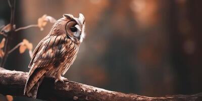 uil vogel zittend Aan een banch boom. wil leven natuur buitenshuis Woud achtergrond landschap tafereel foto