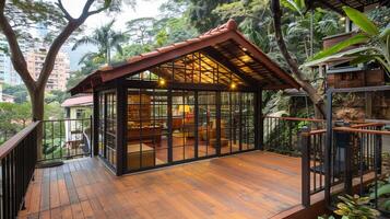 modern zwart zolder huis met staal kader paviljoen en boeiend natuur visie foto