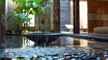 de flauw geluid van een druppelen water voorzien zijn van kan worden gehoord in de achtergrond toevoegen naar de rustgevend atmosfeer van de meditatie kamer. 2d vlak tekenfilm foto