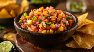 een tropisch fruit salsa gemaakt met papaja mango en jalapeno paprika's geserveerd met krokant weegbree chips foto