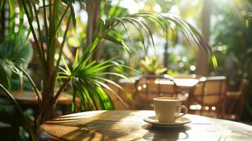 een knus strandgeïnspireerd cafe instelling met zonlicht streaming door palm bomen aanbieden een uniek koffie ervaring foto