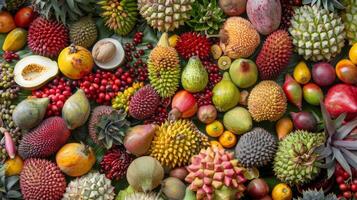 nemen een reis door de wereld van exotisch fruit met deze overvloedig Scherm van bijzonder en ongebruikelijk variëteiten foto