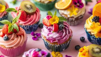 een kleurrijk rangschikking van tropisch themed cupcakes elk bekroond met een verschillend fruit glimmertjes en eetbaar bloem decoraties foto