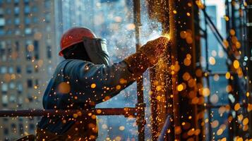 helder oranje vonken douche een arbeiders beschermend uitrusting net zo ze lassen een traliewerk Aan een hoogbouw bouw plaats foto