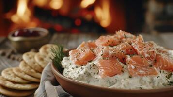 een watertanden mengsel van gerookt Zalm room kaas en kruiden is de ster van deze beeld met een brand brandend in de afstand. paar- met uw favoriete crackers voor een deliciou foto