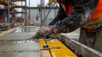 een technicus toepassingen een trillen tafel naar compact de beton monsters en elimineren lucht zakken foto