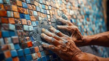 een detailopname van een arbeiders handen voorzichtig regelen van klein mozaïek- tegels op een badkamer muur creëren een verbijsterend focaal punt foto