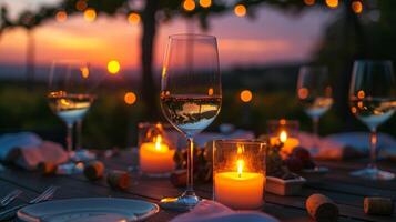 net zo de zon sets de kaarsen worden de hoofd bron van licht toevoegen een tintje van magie naar de avonden wijn proeverij beleven. 2d vlak tekenfilm foto