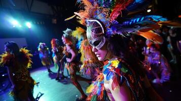 een kostuum wedstrijd in vol schommel met gasten presentatie van hun creatief en alcohol vrij kostuums voor een kans naar winnen een prijs foto