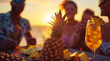 met de zon langzaam dompelen hieronder de horizon de atmosfeer wordt zelfs meer magisch net zo vrienden binding over- heerlijk gegrild ananas foto