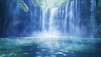 een torenhoog waterval trapsgewijs naar beneden in een kristal Doorzichtig zwembad de de nevel creëren een sereen atmosfeer foto