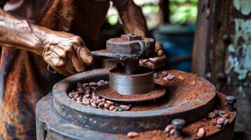 een Mens gebruik makend van een met de hand gedraaid machine naar malen cacao bonen in een donker fluwelig chocola Plakken foto