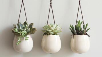 een trio van keramisch hangende muur plantenbakken in verschillend maten en vormen biedt een uniek en modern manier naar Scherm vetplanten of lucht planten. foto