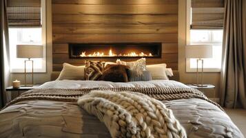 een elegant meester slaapkamer met een haard gebouwd in de muur achter de bed. de flikkeren vlammen creëren een romantisch atmosfeer perfect voor een knus avond in. 2d vlak tekenfilm foto