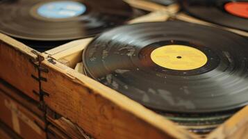een krat vol van vinyl records vertegenwoordigen een levenslang van verzamelen en ontdekken nieuw muziek- foto