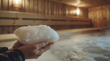 een detailopname van iemands hand- Holding een verkoudheid samenpersen terwijl zittend in een sauna gebruik maken van de combinatie van warmte en verkoudheid naar verminderen migraine. foto