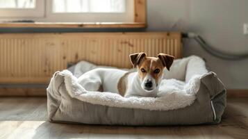 blanco mockup van een huisdier bed met een ingebouwd verwarming element voor verkoudheid winter nachten. foto