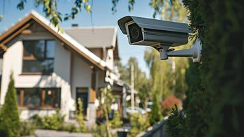 een foto van veiligheid camera's strategisch p in de omgeving van de omtrek van de huis geven een zin van veiligheid en bescherming