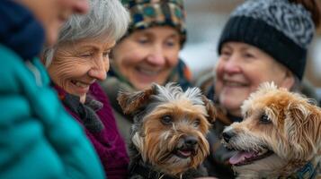 een groep van gepensioneerd vrienden verzamelen Bij een lokaal onderdak gretig bespreken welke hond ze zullen elk Kiezen naar nemen huis en maken een een deel van hun gezinnen foto