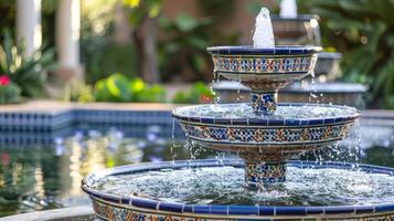 een keramisch fontein met meerdere tiers elk versierd met ingewikkeld arabesk patronen spuiten water in een vredig vloeiende vijver. foto