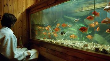 een vis tank p in de buurt een sauna de vis zwemmen ontspannen net zo hun eigenaar ontspant binnen. foto