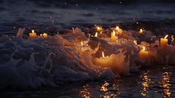 net zo de nacht verdiept de flikkeren vlammen van de kaarsen lijken naar dans in ritme met de crashen golven onderstaand. 2d vlak tekenfilm foto