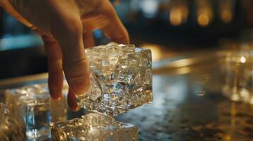 een hand- bereikt voor een voorzichtig bewerkte specialiteit ijs kubus gebeeldhouwd in een ingewikkeld vorm en klaar naar worden toegevoegd naar een drinken foto