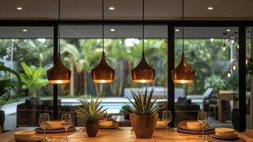 een elegant dining kamer met geschorst hanger lichten creëren een focaal punt bovenstaand de tafel en instelling de humeur voor intiem diners foto