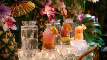 de klassiek tiki bar krijgt een ijzig twist met een ten volle functioneel ijs bar presentatie van een verscheidenheid van tropisch cocktails en met fruit doordrenkt drankjes foto