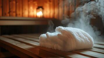 een persoon gebruik makend van een verkoudheid samenpersen Aan hun lichaam na komt eraan uit van de sauna gebruik makend van de contrast tussen heet en verkoudheid naar steun in herstel en stimuleren circulatie. foto