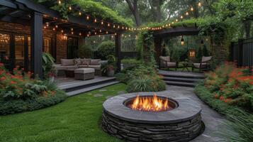 een goed verzorgd achtertuin met een circulaire brand pit omringd door weelderig groen en levendig bloemen. draad lichten hangen bovenstaand het verstrekken van een magisch sfeer voor buitenshuis bijeenkomsten foto