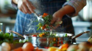 een persoon duurt een deel in een Koken klasse Bij een welzijn terugtrekken gefocust Aan onderwijs aanwezigen hoe naar bereiden voedzaam en gezond maaltijden dat ondersteuning hun individu Gezondheid behoeften foto