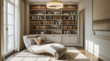 een modern nemen Aan een traditioneel bibliotheek met strak ingebouwd boekenkasten een laagdrempelig sjees lounge en een uitspraak hanger licht. de schoon lijnen en neutrale kleur schema foto