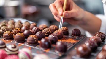 een vrouw gebruik makend van een klein verf borstel naar toevoegen ingewikkeld ontwerpen naar de oppervlakte van haar chocola bonbons creëren een werk van kunst uit van toetje foto