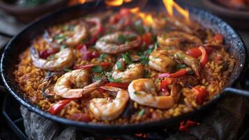 afbeelding een rustiek buitenshuis instelling met een klein haardvuur pit in de centrum. over- het een levendig paella sist net zo paprika gekruid kip mollig garnaal en geroosterd paprika's vermengen foto