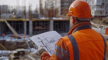 de bouw plaats manager voorzichtig studies een blauwdruk terwijl observeren de werk wezen gedaan Aan de plaats foto