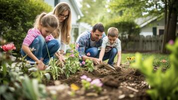 een familie van vier tackelt een achtertuin landschapsarchitectuur project met de ouders leidend hun kinderen in aanplant bloemen en houdende naar beneden nieuw gr foto