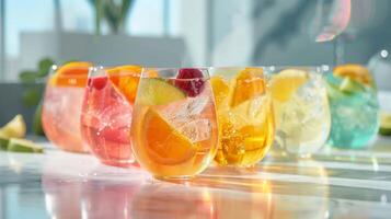 een levendig rangschikking van kleurrijk met fruit doordrenkt sprankelend water mocktails geserveerd in elegant stengelloos bril foto