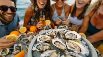 in een knus strand cabana een groep van vrienden delen lacht en verhalen over- een schotel van vers gepeld oesters en helder citrus wiggen foto