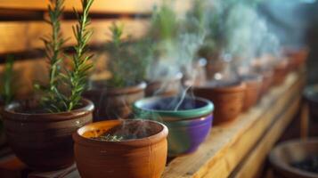 een rij van verschillend gekleurde klei potten gevulde met kruiden stoom- gebruikt naar verbeteren de sauna beleven. foto