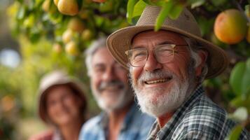 een groep van gelukkig gepensioneerden koeling uit in de schaduw van een bloeiend fruit boom in hun duurzame achtertuin foto