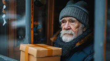 door de venster van zijn knus huis een ouderen Mens kan worden gezien verpakking producten voor zijn geslaagd pensioen kant drukte foto